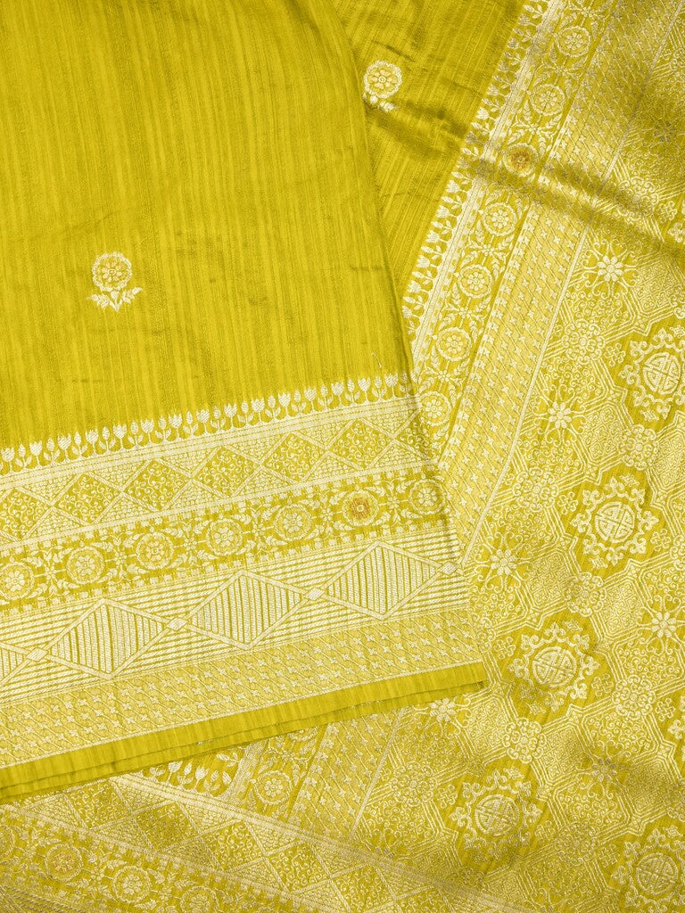 Jute sik fancy saree golden yellow color allover zari motifs & zari border with rich pallu and attached blouse