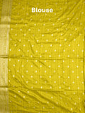 Jute sik fancy saree golden yellow color allover zari motifs & zari border with rich pallu and attached blouse