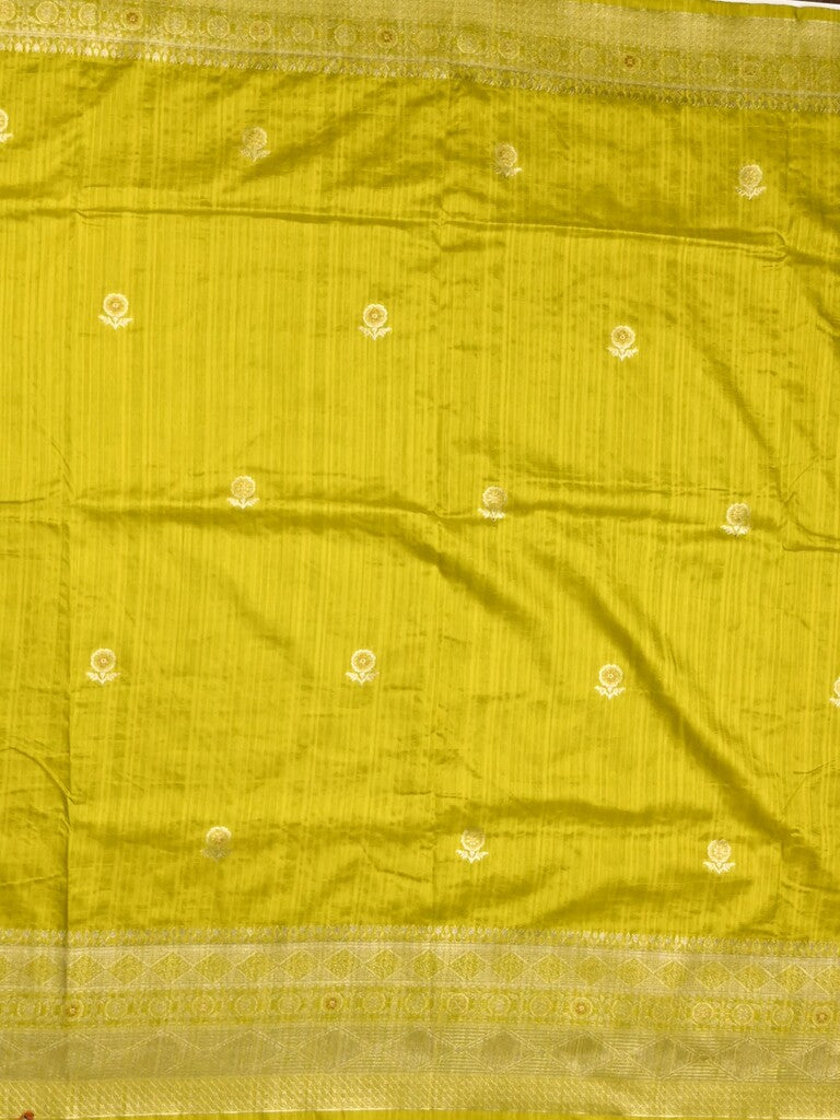 Jute sik fancy saree golden yellow color allover zari motifs & zari border with rich pallu and attached blouse