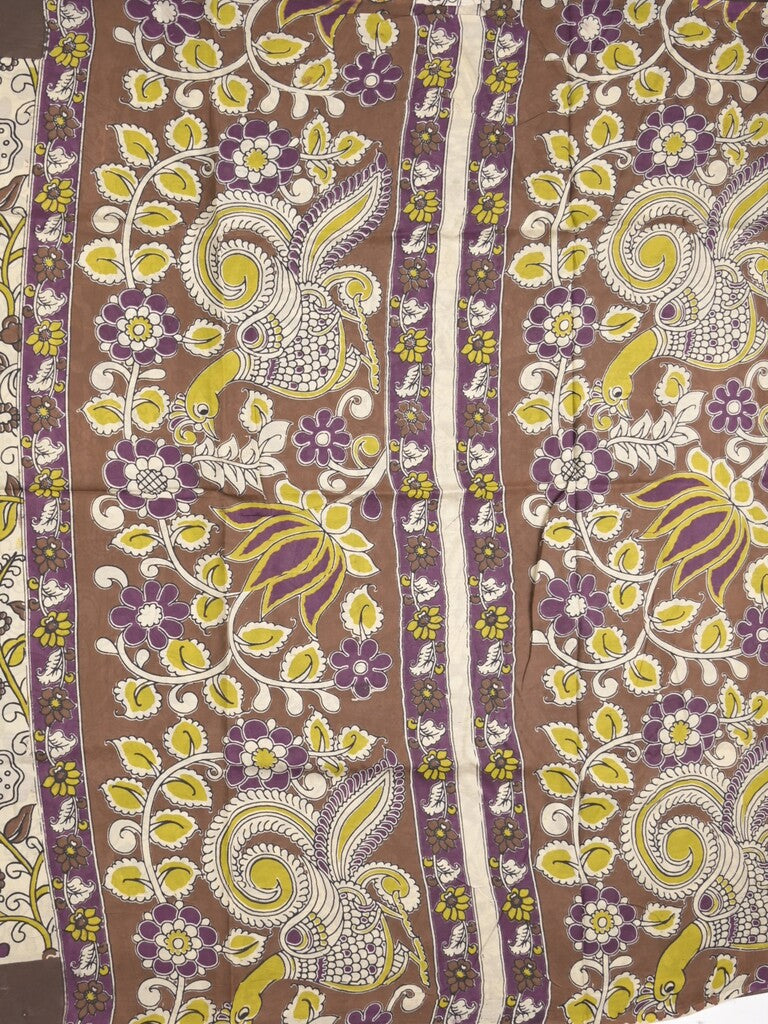 Kalamkari silk fancy saree in light cream color with contrast border & printed pallu and printed blouse