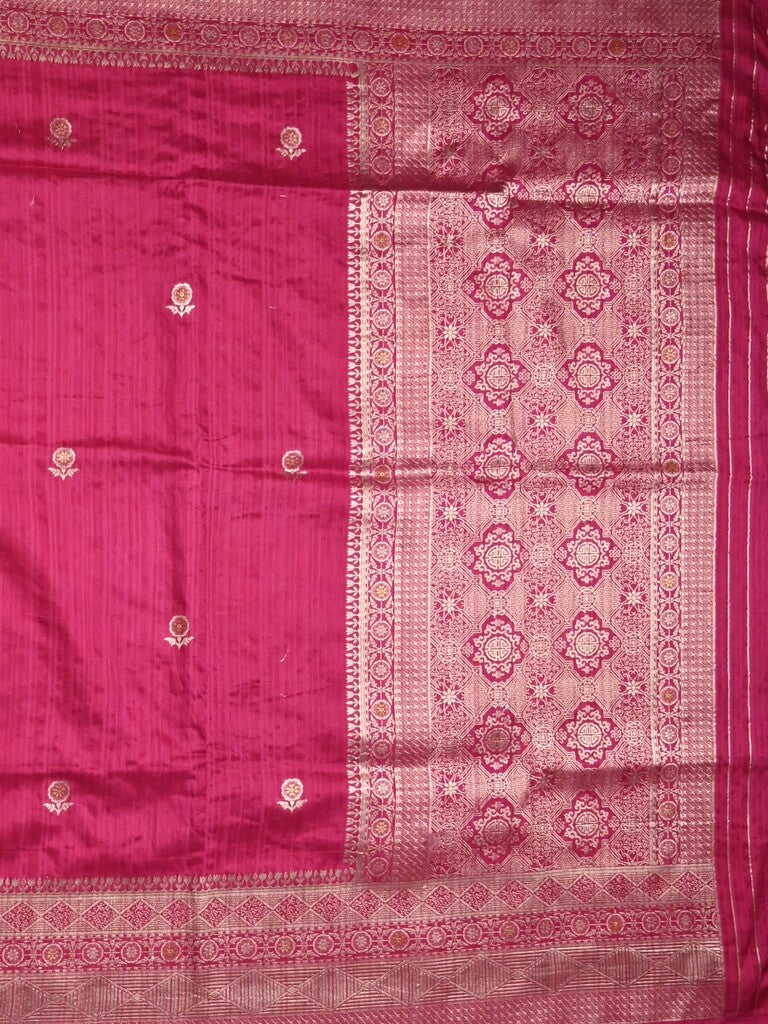 Jute sik fancy saree pink color allover zari motifs & zari border with rich pallu and attached blouse