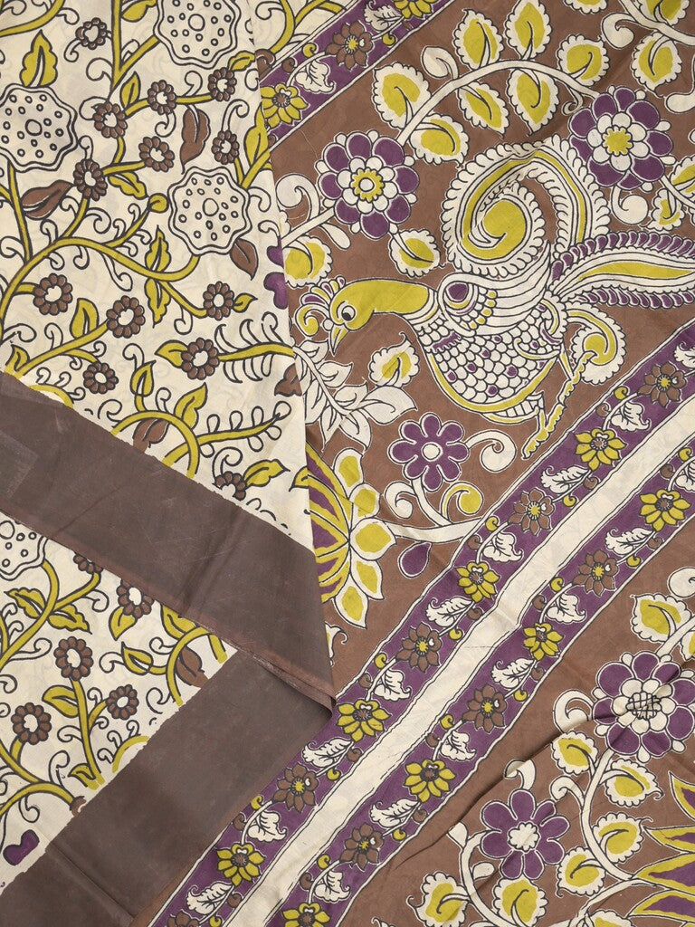 Kalamkari silk fancy saree in light cream color with contrast border & printed pallu and printed blouse
