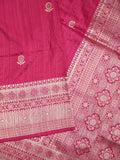 Jute sik fancy saree pink color allover zari motifs & zari border with rich pallu and attached blouse