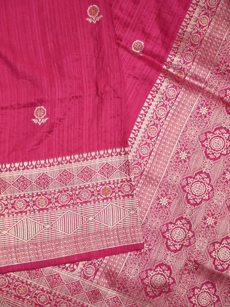 Jute sik fancy saree pink color allover zari motifs & zari border with rich pallu and attached blouse
