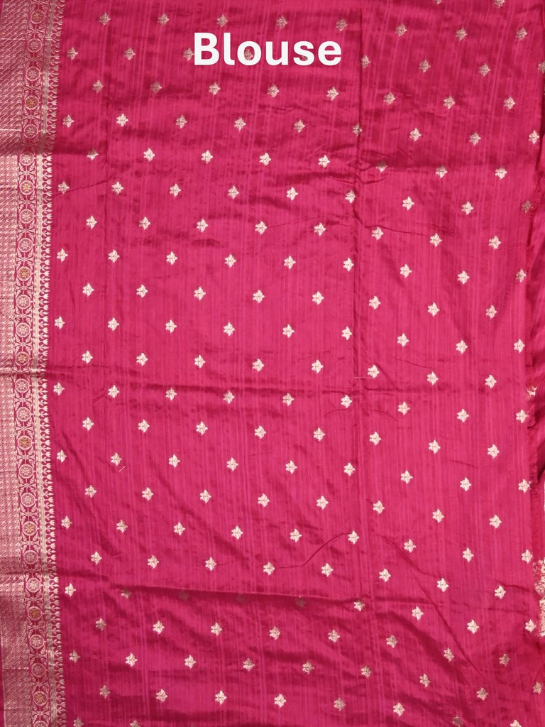 Jute sik fancy saree pink color allover zari motifs & zari border with rich pallu and attached blouse