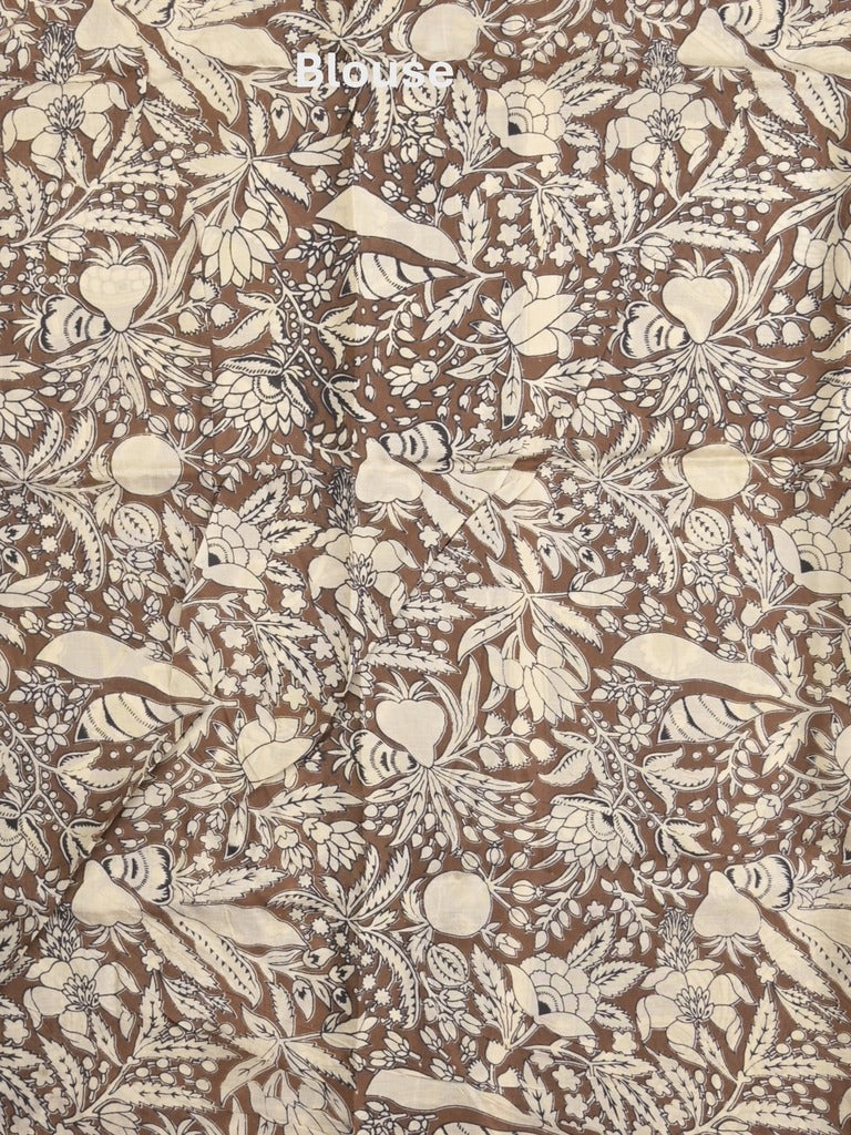 Kalamkari silk fancy saree in light cream color with contrast border & printed pallu and printed blouse
