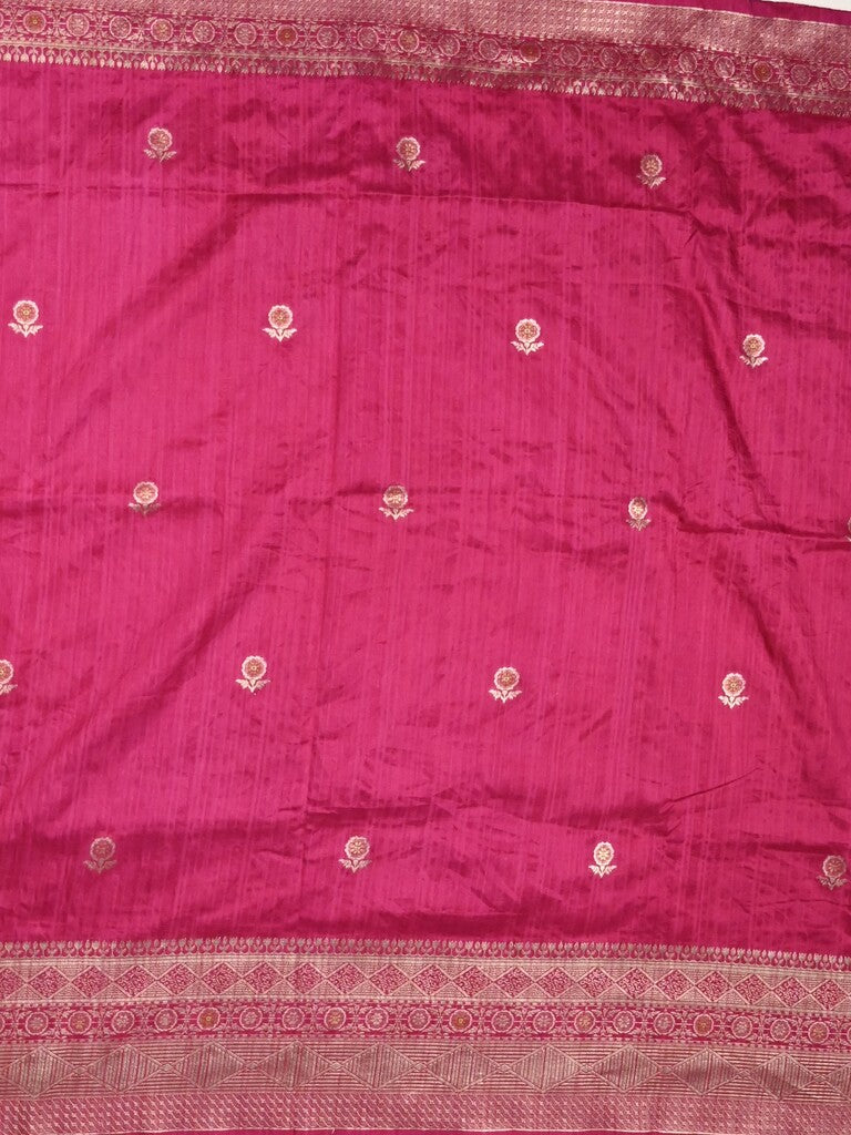 Jute sik fancy saree pink color allover zari motifs & zari border with rich pallu and attached blouse