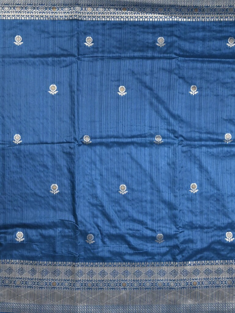 Jute sik fancy saree blue color allover zari motifs & zari border with rich pallu and attached blouse