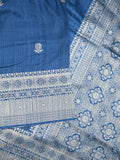 Jute sik fancy saree blue color allover zari motifs & zari border with rich pallu and attached blouse