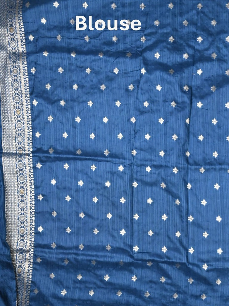 Jute sik fancy saree blue color allover zari motifs & zari border with rich pallu and attached blouse