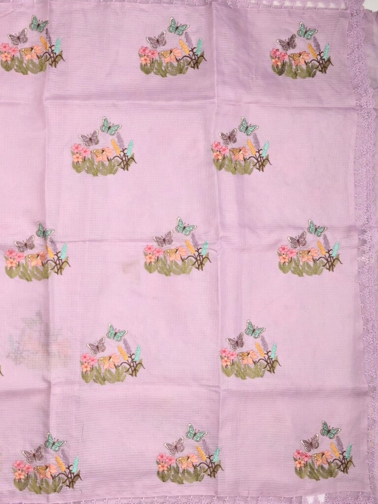 Kota fancy saree light purple color allover embroidery & fancy border with printed pallu and printed blouse