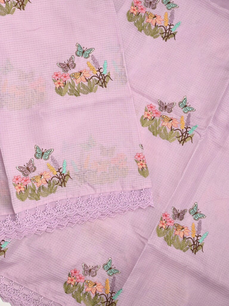 Kota fancy saree light purple color allover embroidery & fancy border with printed pallu and printed blouse