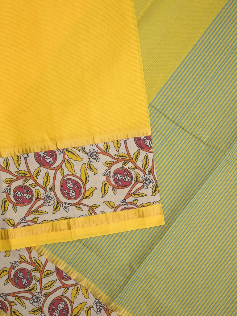 Mangalagiri cotton saree in yellow color with kalamkari border and zari pallu & kalamkari blouse