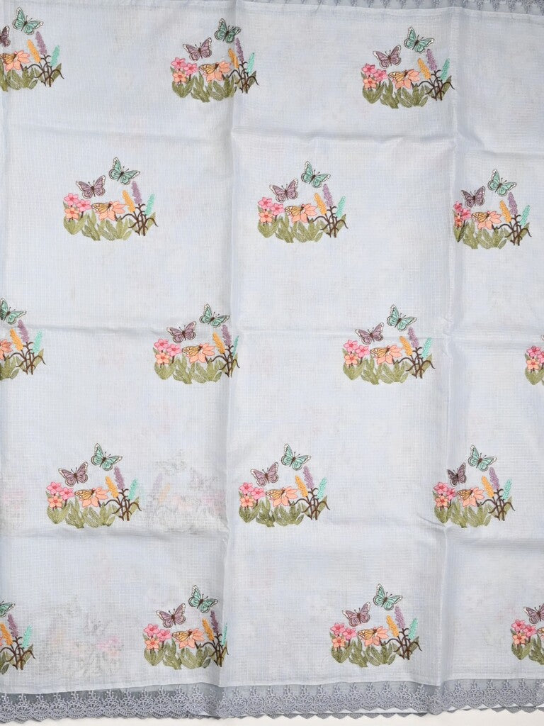 Kota fancy saree pastel grey color allover embroidery & fancy border with printed pallu and printed blouse