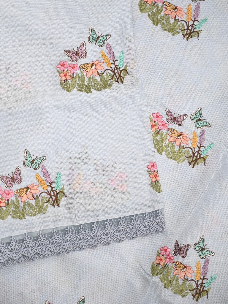 Kota fancy saree pastel grey color allover embroidery & fancy border with printed pallu and printed blouse