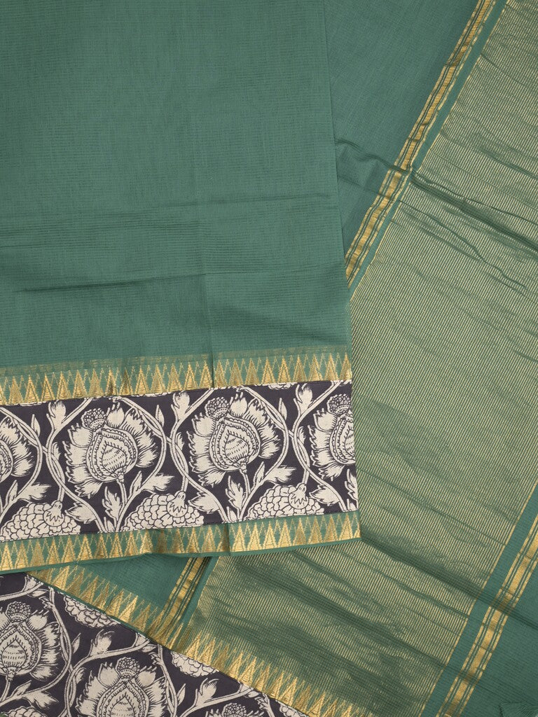 Mangalagiri cotton saree in dark green color with kalamkari border and zari pallu & kalamkari blouse