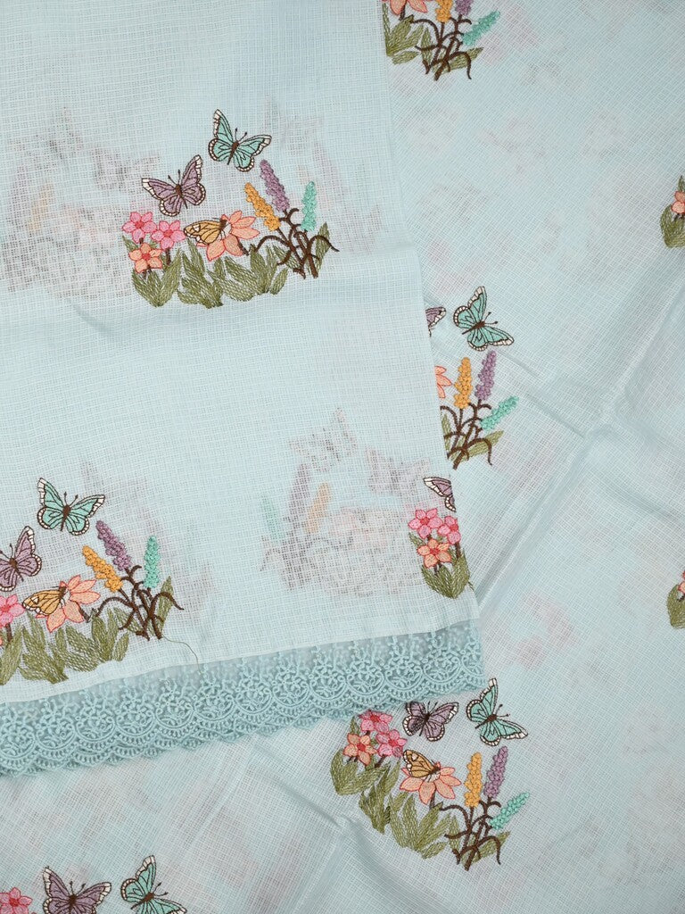Kota fancy saree pastel blue color allover embroidery & fancy border with printed pallu and printed blouse