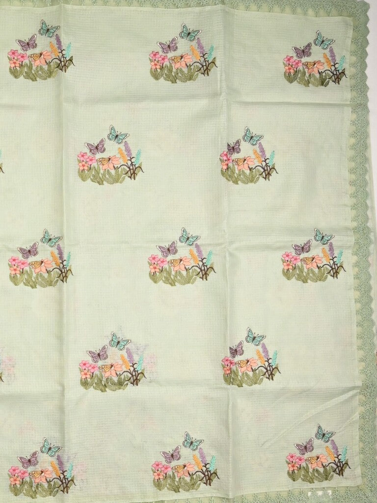 Kota fancy saree light pastel green color allover embroidery & fancy border with printed pallu and printed blouse