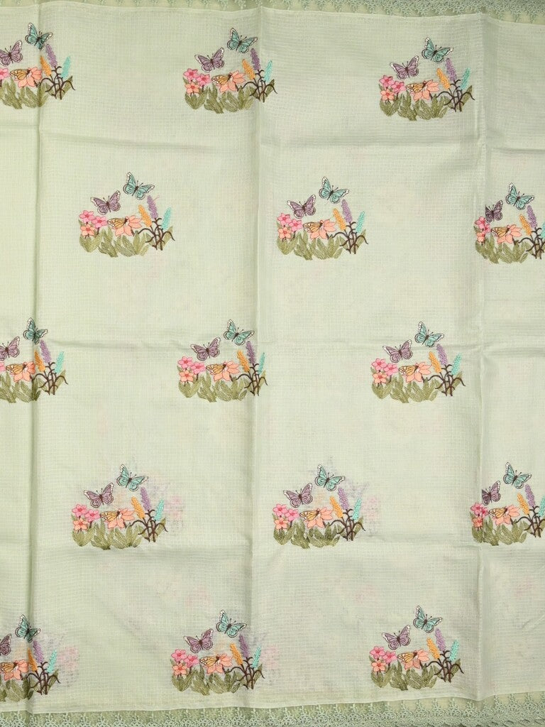 Kota fancy saree light pastel green color allover embroidery & fancy border with printed pallu and printed blouse