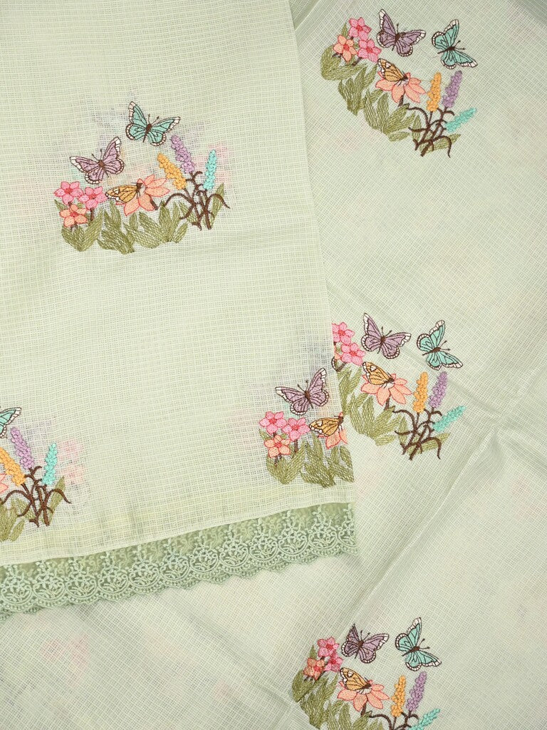 Kota fancy saree light pastel green color allover embroidery & fancy border with printed pallu and printed blouse