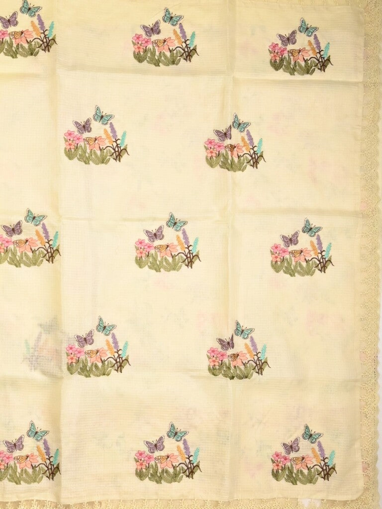 Kota fancy saree cream color allover embroidery & fancy border with printed pallu and printed blouse