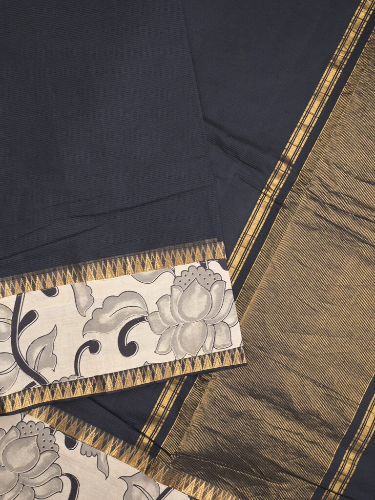 Mangalagiri cotton saree in black color with kalamkari border and zari pallu & kalamkari blouse