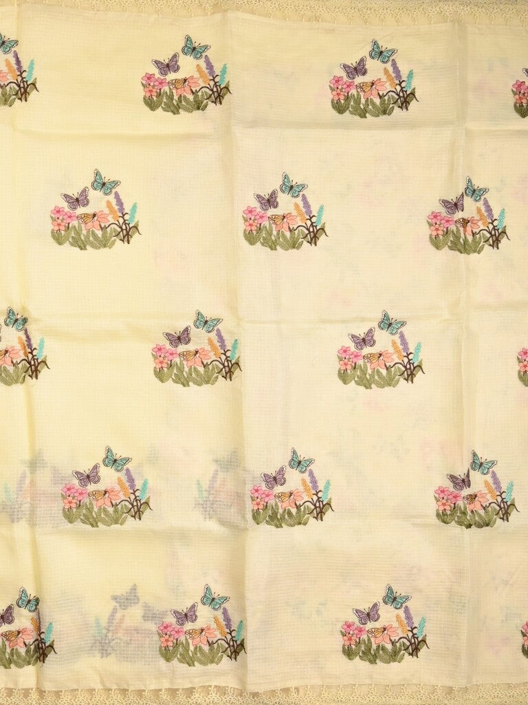 Kota fancy saree cream color allover embroidery & fancy border with printed pallu and printed blouse