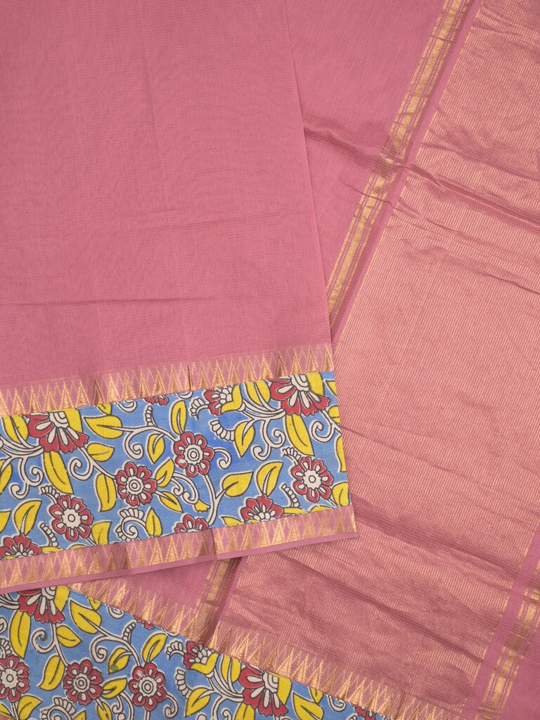 Mangalagiri cotton saree in onion pink color with kalamkari border and zari pallu & kalamkari blouse