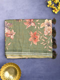 Tussar fancy saree olive green color allover checks & prints with contrast pallu and printed blouse