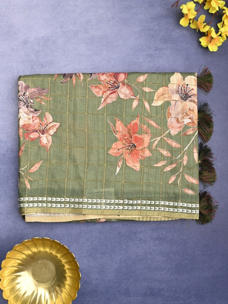 Tussar fancy saree olive green color allover checks & prints with contrast pallu and printed blouse