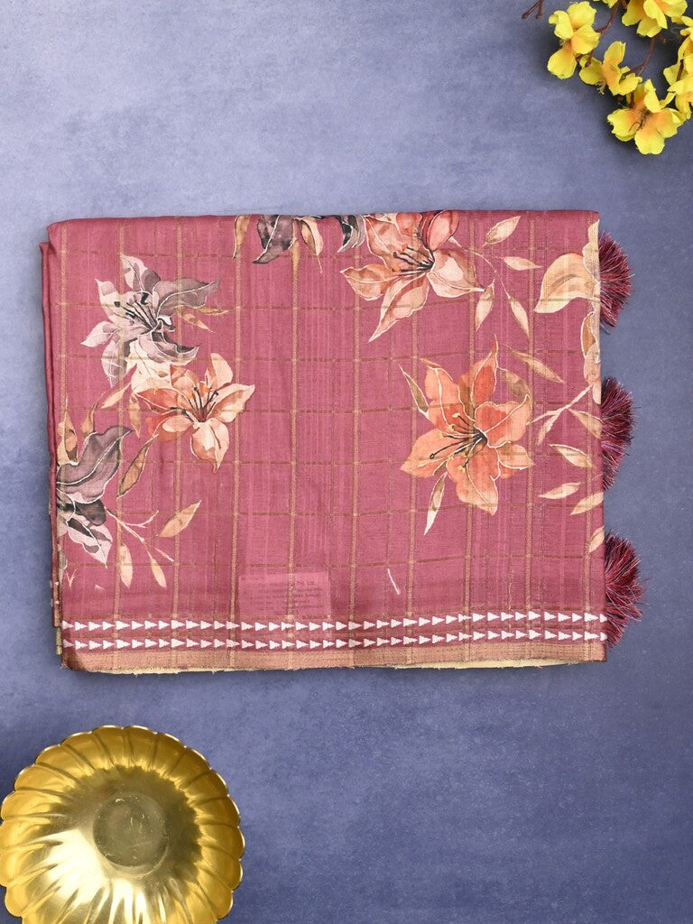 Tussar fancy saree onion pink color allover checks & prints with contrast pallu and printed blouse