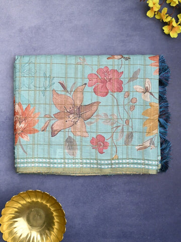 Tussar fancy saree light blue color allover checks & prints with contrast pallu and printed blouse