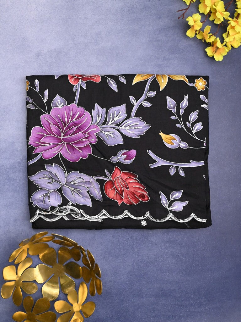 Dola silk fancy saree black color allover prints, sequence work & cutwork border with running pallu