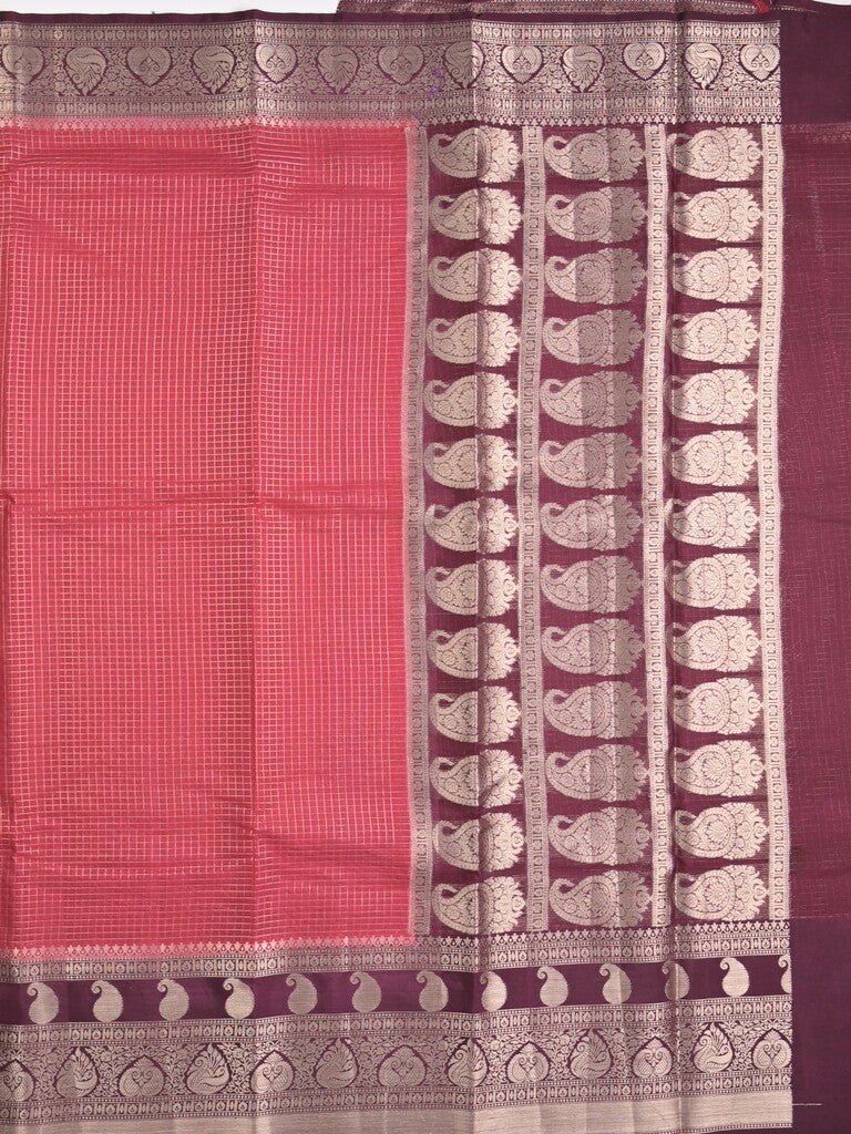 Kora fancy saree pink color allover checks with zari border and rich pallu & brocade blouse