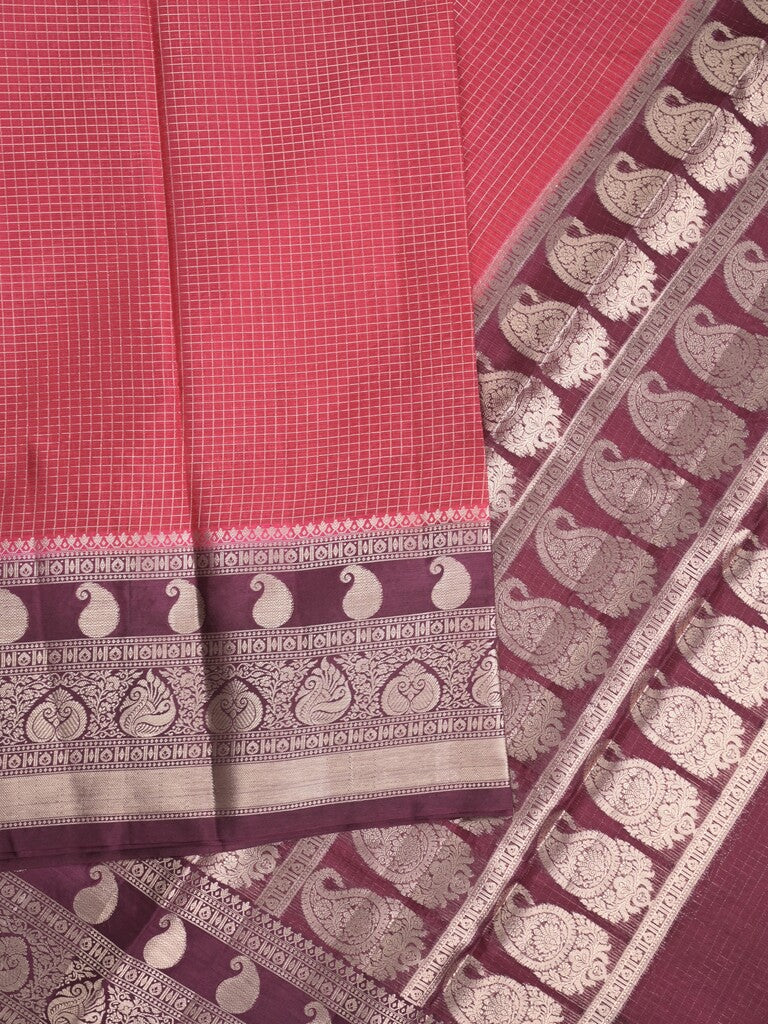 Kora fancy saree pink color allover checks with zari border and rich pallu & brocade blouse