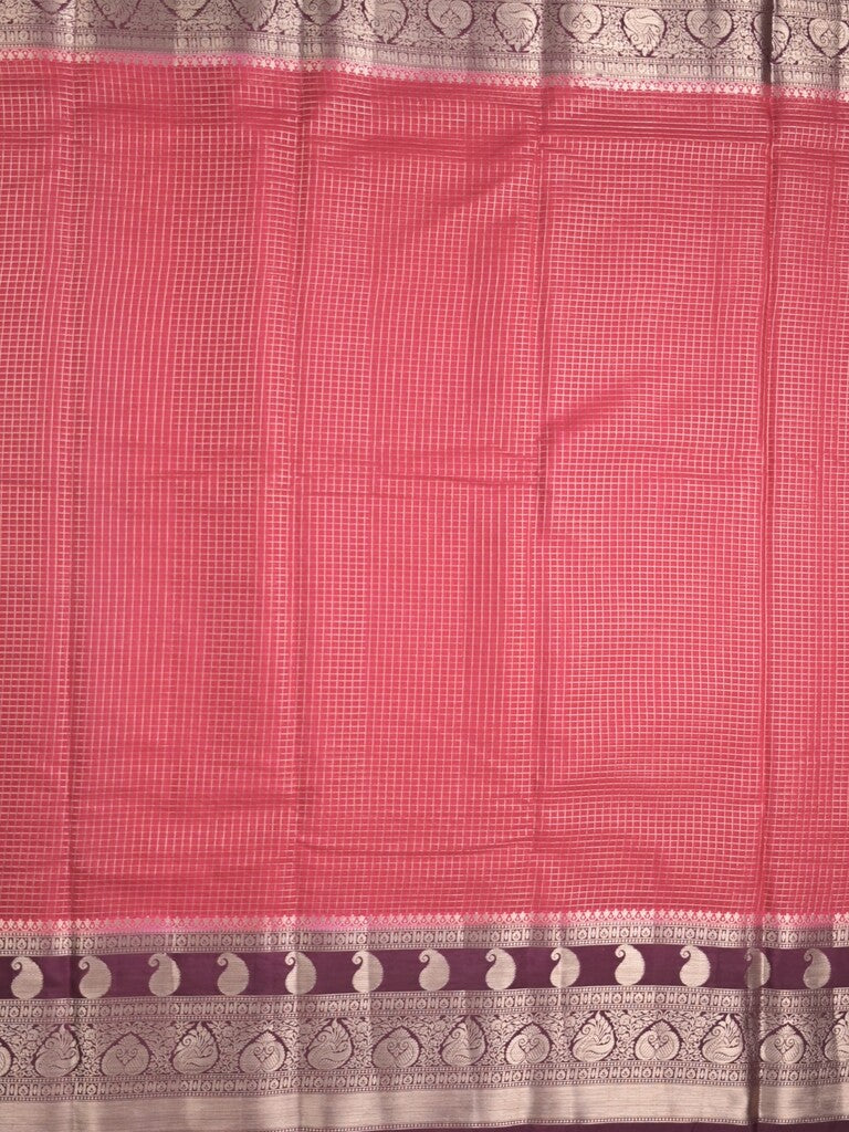 Kora fancy saree pink color allover checks with zari border and rich pallu & brocade blouse