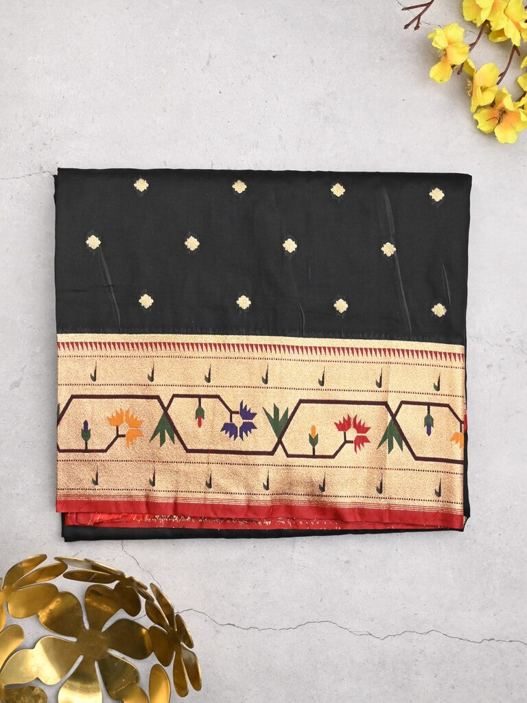 Banaras pattu saree black color allover zari motifs & paithani border with paithani pallu and contrast blouse
