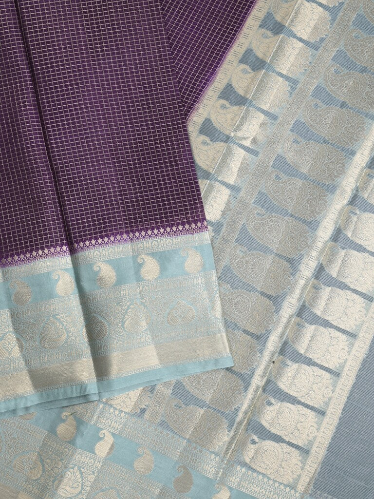 Kora fancy saree dark blue color allover checks with zari border and rich pallu & brocade blouse