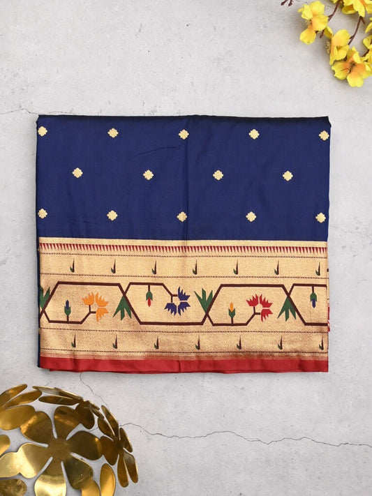Banaras pattu saree royal blue color allover zari motifs & paithani border with paithani pallu and contrast blouse