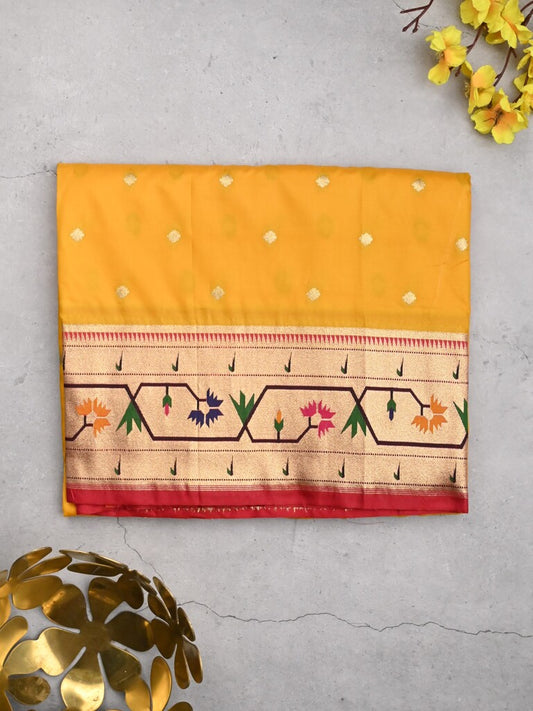Banaras pattu saree golden yellow color allover zari motifs & paithani border with paithani pallu and contrast blouse