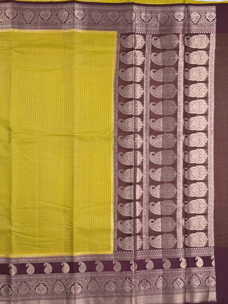 Kora fancy saree yellow color allover checks with zari border and rich pallu & brocade blouse