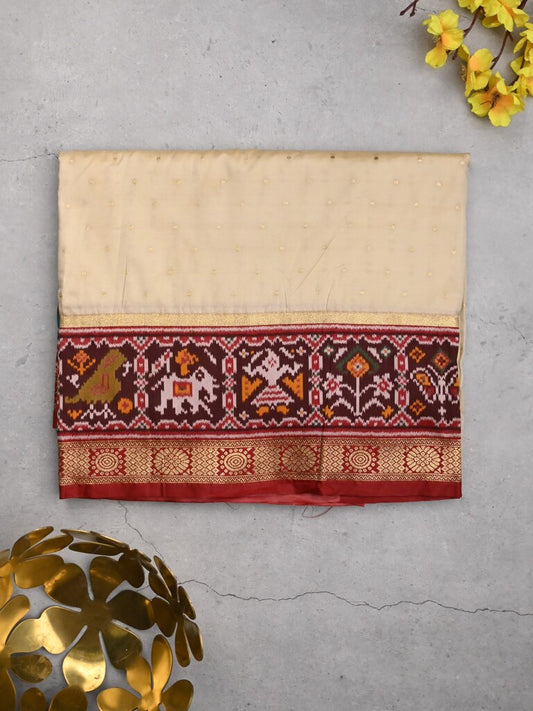 Banaras pattu saree half white color allover zari motifs & paithani border with paithani pallu and contrast blouse