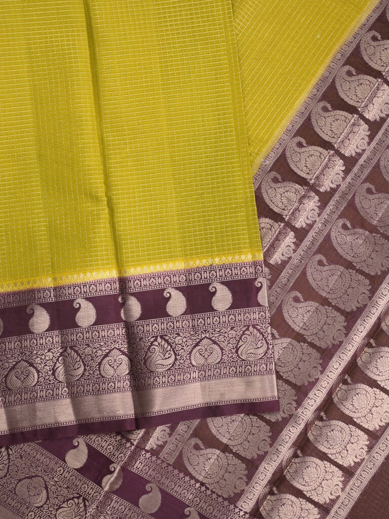 Kora fancy saree yellow color allover checks with zari border and rich pallu & brocade blouse