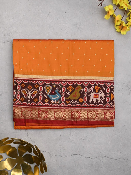 Banaras pattu saree orange color allover zari motifs & paithani border with paithani pallu and contrast blouse