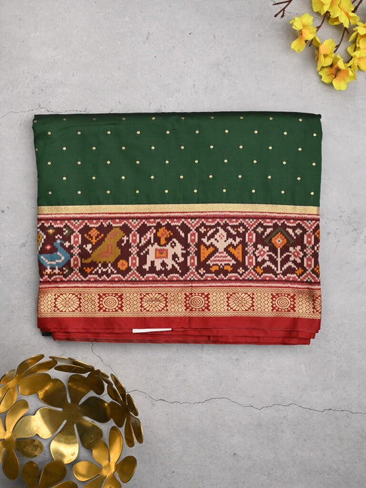 Banaras pattu saree bottle green color allover zari motifs & paithani border with paithani pallu and contrast blouse
