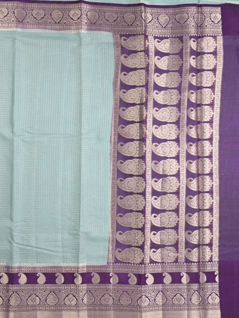 Kora fancy saree light blue color allover checks with zari border and rich pallu & brocade blouse