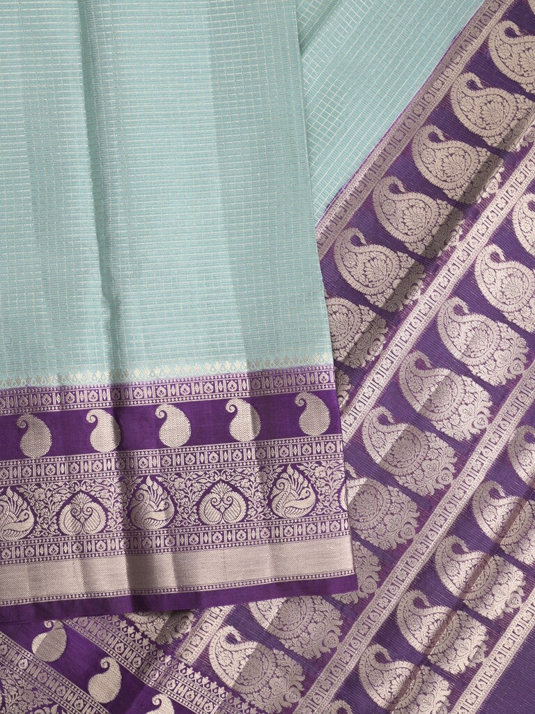 Kora fancy saree light blue color allover checks with zari border and rich pallu & brocade blouse