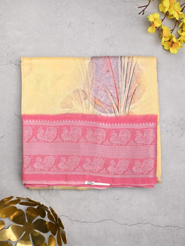 Mangalagiri fancy saree cream color allover prints & zari border with short pallu and contrast plain blouse
