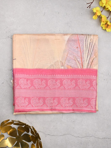 Mangalagiri fancy saree light peach color allover prints & zari border with short pallu and contrast plain blouse