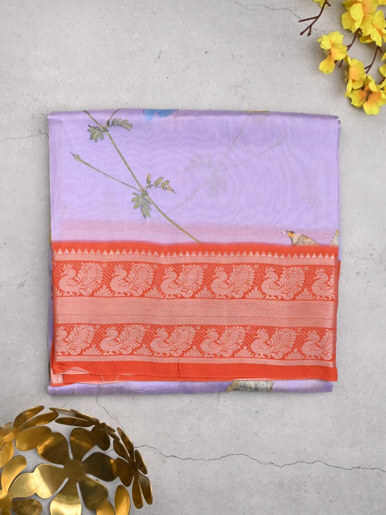 Mangalagiri fancy saree lavender color allover prints & zari border with short pallu and contrast plain blouse